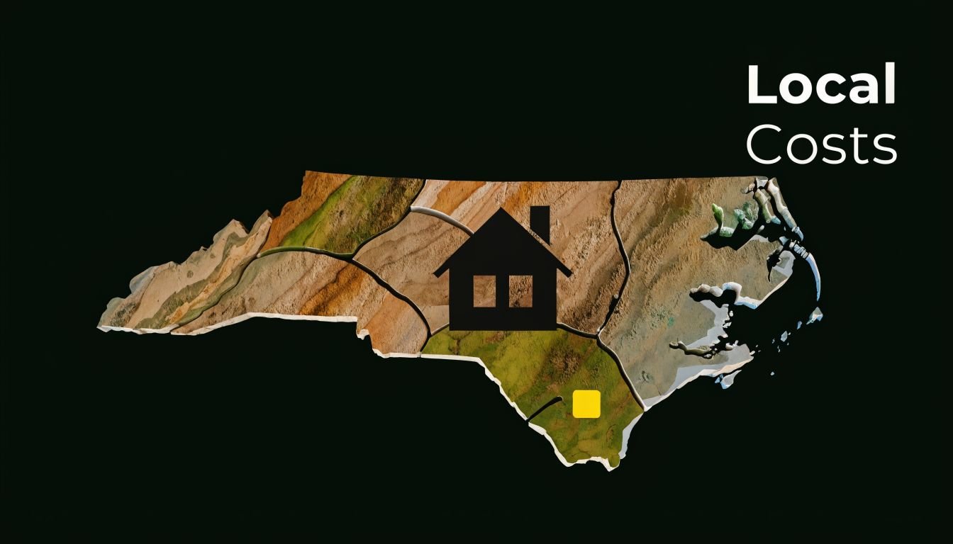 A stylized map of North Carolina with a house icon and a yellow square marker overlay.