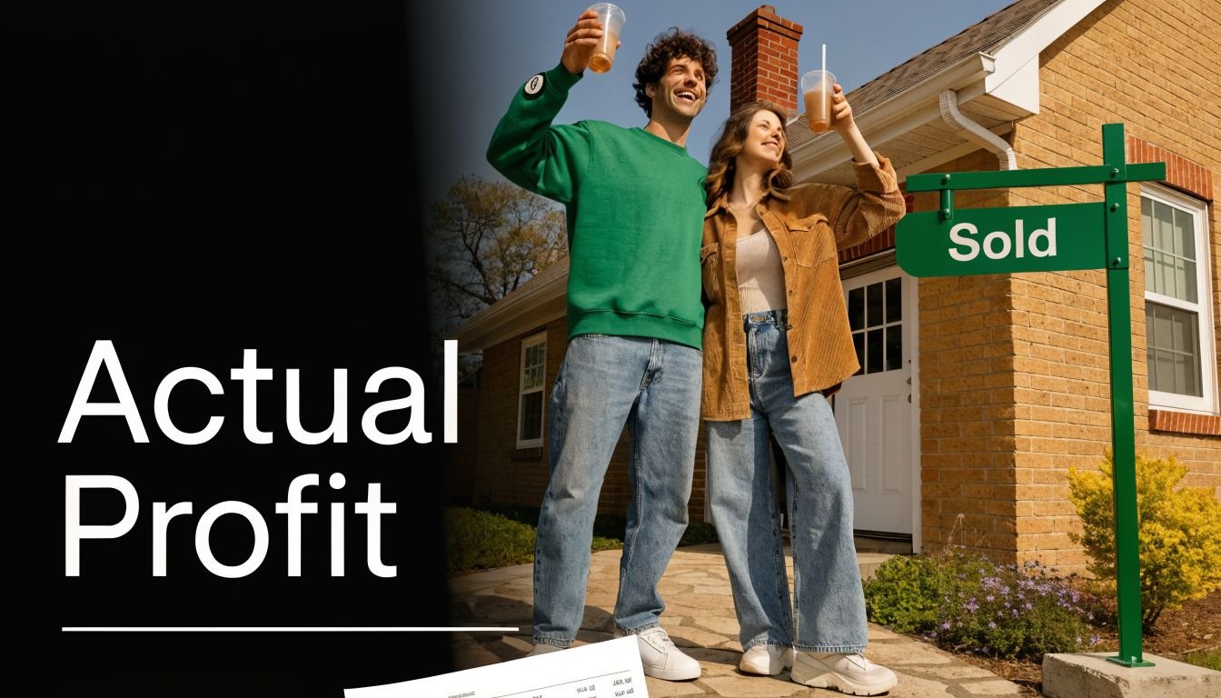 A happy couple celebrating in front of a house with a sold sign, reflecting real estate profit.