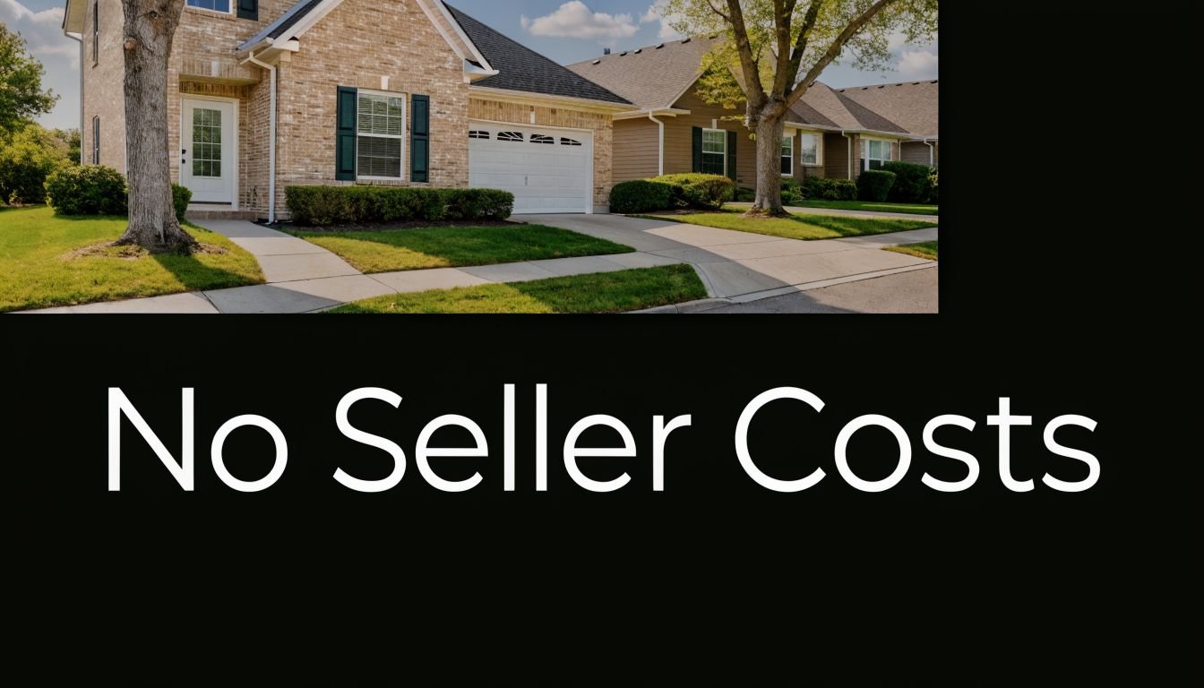 A suburban brick home on a sunny day with bold text stating No Seller Costs underneath.